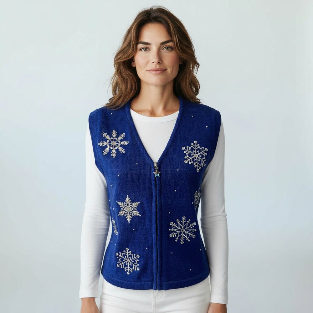 Merry & Bright Petite Medium Vest Full Zip Blue With Silver Rhinestone Snowflake